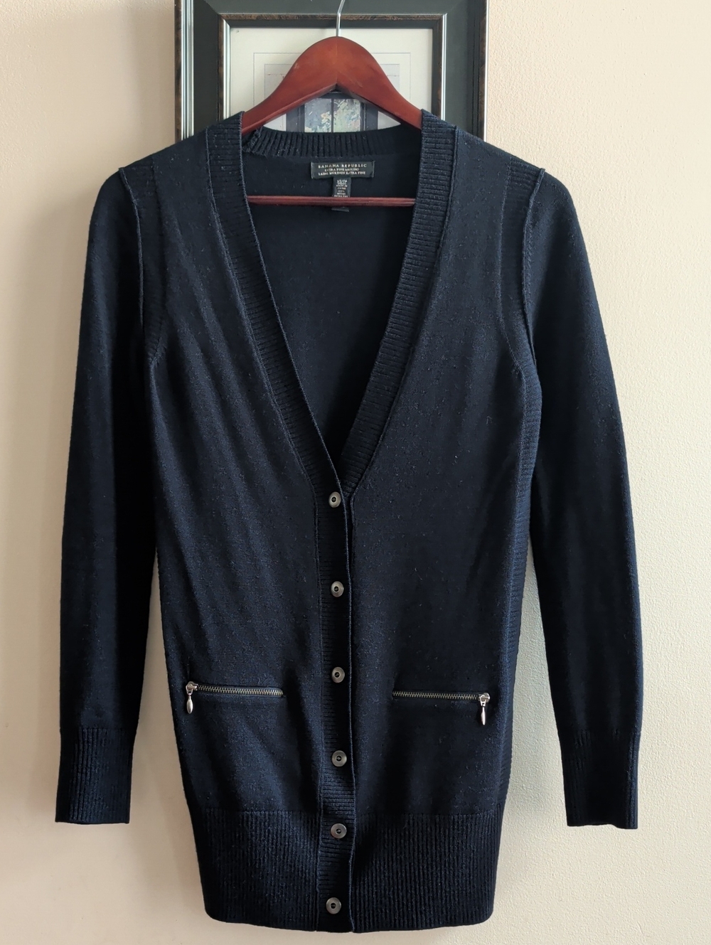 Banana Republic Indigo 100% Merino Wool V-Neck Button Cardigan with Zip Pockets